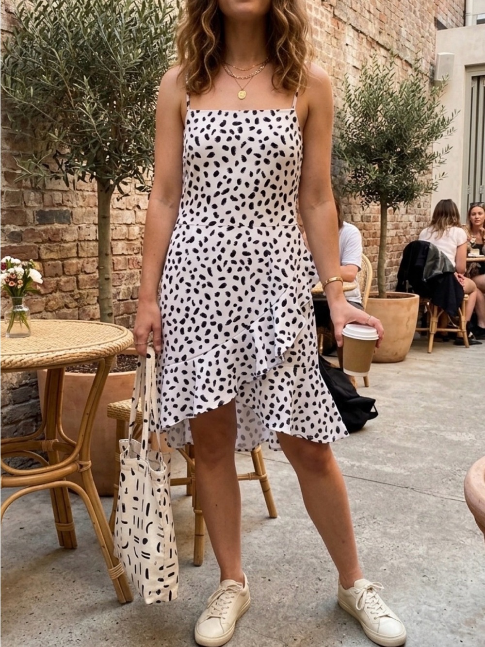 Bar III Black & White Spotted Ruffle Hem Dress
